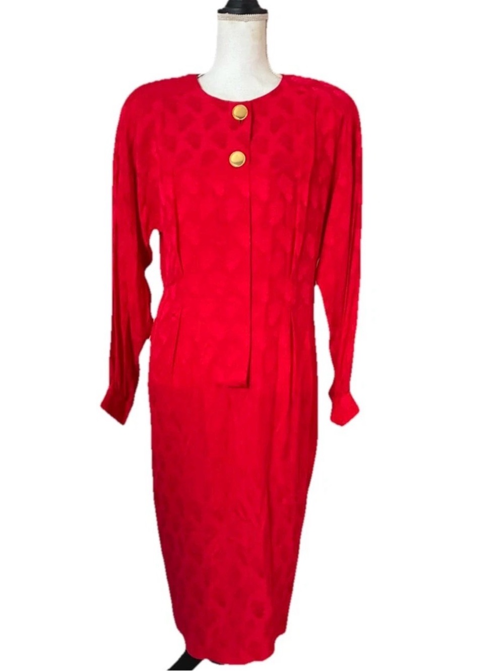 Vintage Liz Claiborne 100%Silk Red Long-Sleeve Midi Dress with Gold Buttons NWT